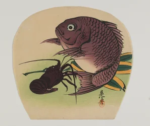 Print for an uchiwa; carp and lobster, Meiji era, late 19th century